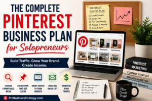 Pinterest business plan for solopreneurs with laptop, Pinterest marketing icons, content strategy checklist, and website traffic elements.