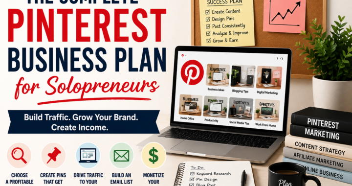 Pinterest business plan for solopreneurs with laptop, Pinterest marketing icons, content strategy checklist, and website traffic elements.