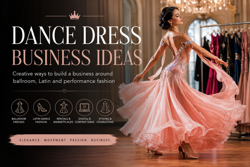 Elegant ballroom dancer in a flowing pink dance dress, representing creative dance dress business ideas around ballroom, Latin, rentals, styling and performance fashion.
