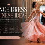 Elegant ballroom dancer in a flowing pink dance dress, representing creative dance dress business ideas around ballroom, Latin, rentals, styling and performance fashion.
