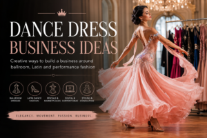 Elegant ballroom dancer in a flowing pink dance dress, representing creative dance dress business ideas around ballroom, Latin, rentals, styling and performance fashion.
