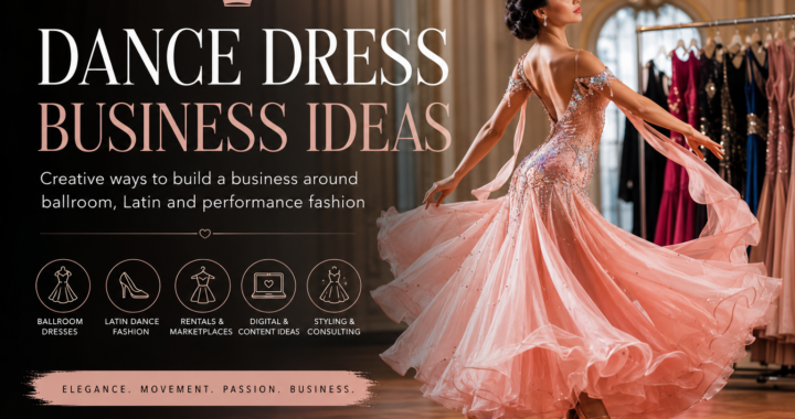 Elegant ballroom dancer in a flowing pink dance dress, representing creative dance dress business ideas around ballroom, Latin, rentals, styling and performance fashion.