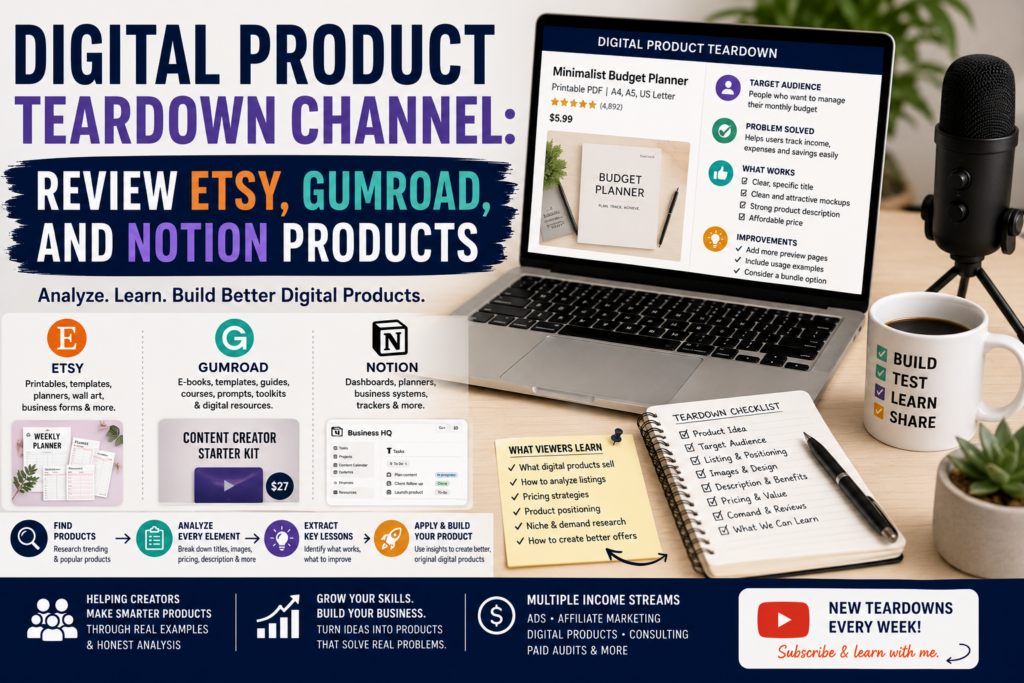 Digital product teardown channel showing Etsy, Gumroad, and Notion product analysis with pricing, listing images, target audience, product positioning, and lessons learned.