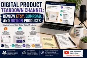 Digital product teardown channel showing Etsy, Gumroad, and Notion product analysis with pricing, listing images, target audience, product positioning, and lessons learned.