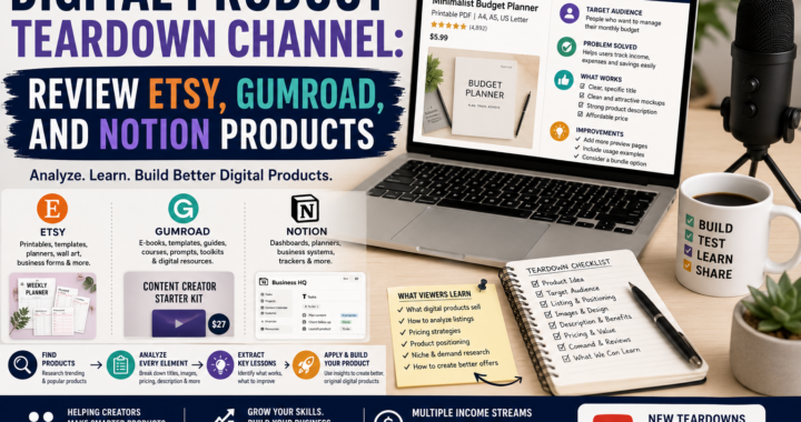 Digital product teardown channel showing Etsy, Gumroad, and Notion product analysis with pricing, listing images, target audience, product positioning, and lessons learned.