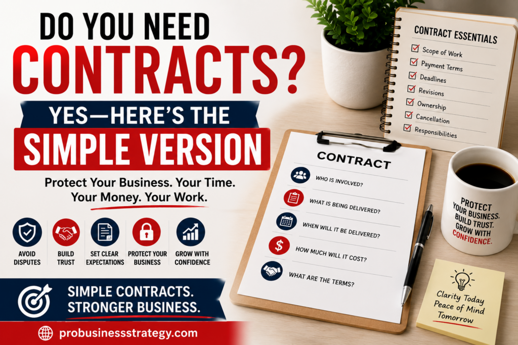 Business contract checklist with documents, payment terms, scope of work, deadlines, revisions, ownership, and simple contract essentials.