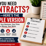 Business contract checklist with documents, payment terms, scope of work, deadlines, revisions, ownership, and simple contract essentials.
