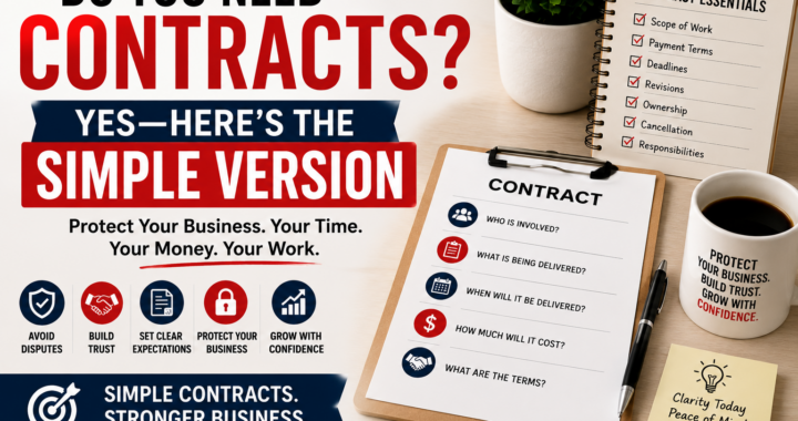 Business contract checklist with documents, payment terms, scope of work, deadlines, revisions, ownership, and simple contract essentials.