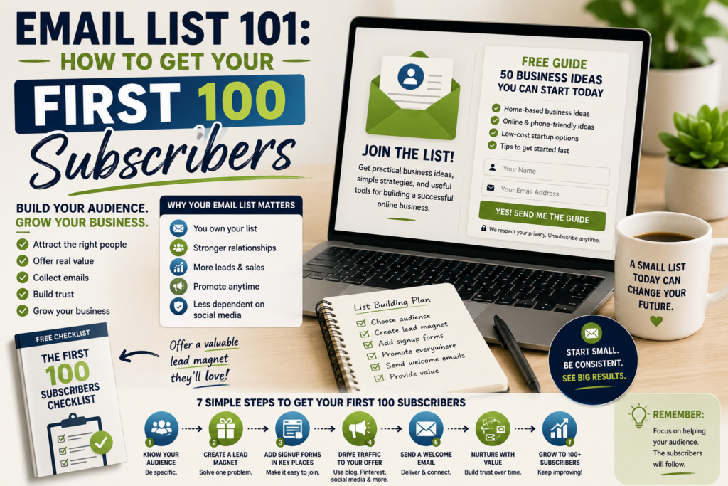 Email list building for beginners with signup form, lead magnet, welcome email, first 100 subscribers checklist, and audience growth strategy.