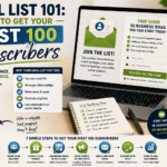 Email list building for beginners with signup form, lead magnet, welcome email, first 100 subscribers checklist, and audience growth strategy.
