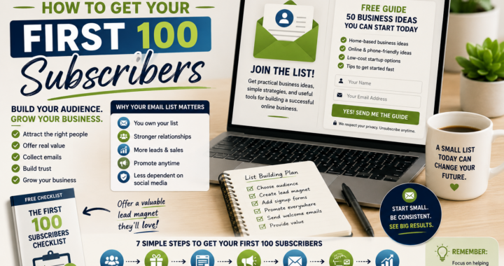 Email list building for beginners with signup form, lead magnet, welcome email, first 100 subscribers checklist, and audience growth strategy.