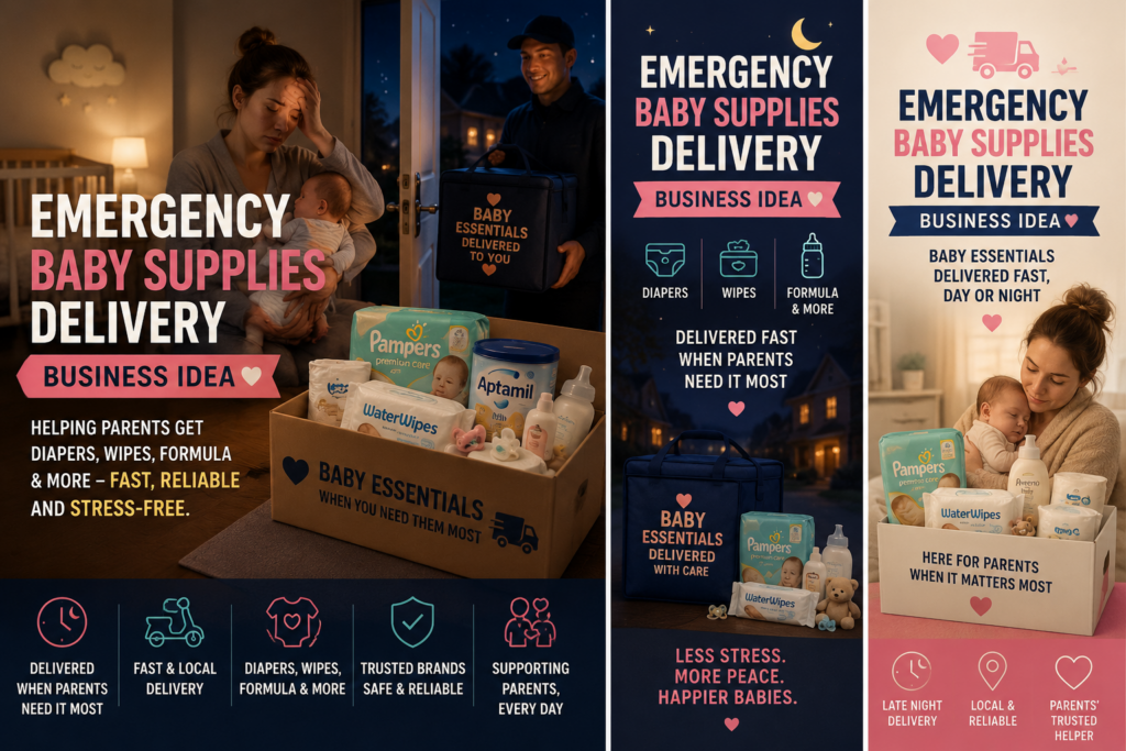 Tired parent with baby receiving an emergency baby supplies delivery box with diapers, wipes, formula, bottles, and baby essentials at night.