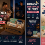 Tired parent with baby receiving an emergency baby supplies delivery box with diapers, wipes, formula, bottles, and baby essentials at night.