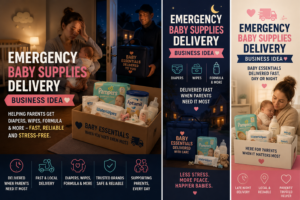 Tired parent with baby receiving an emergency baby supplies delivery box with diapers, wipes, formula, bottles, and baby essentials at night.