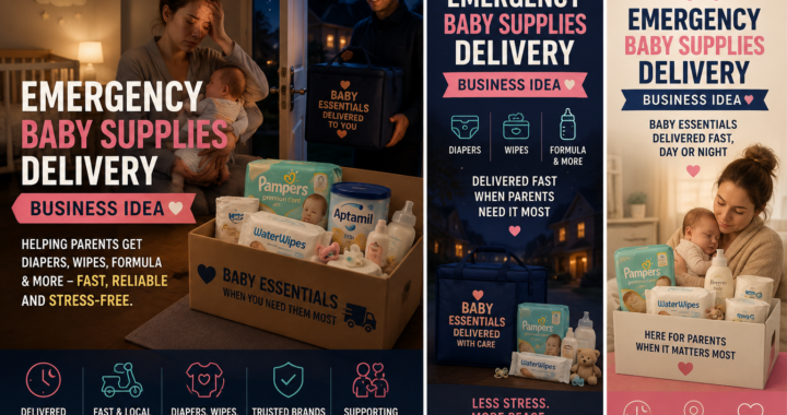 Tired parent with baby receiving an emergency baby supplies delivery box with diapers, wipes, formula, bottles, and baby essentials at night.