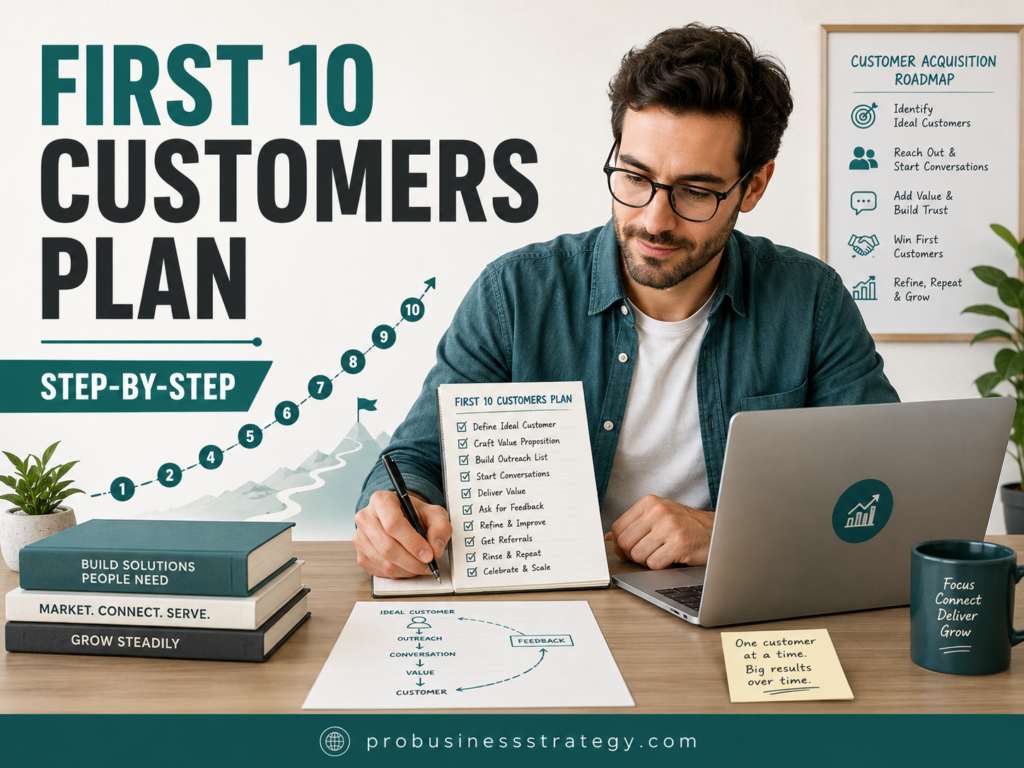 A new business owner planning a step-by-step strategy to get the first 10 customers with a clear offer, outreach list and customer acquisition roadmap.