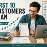 A new business owner planning a step-by-step strategy to get the first 10 customers with a clear offer, outreach list and customer acquisition roadmap.