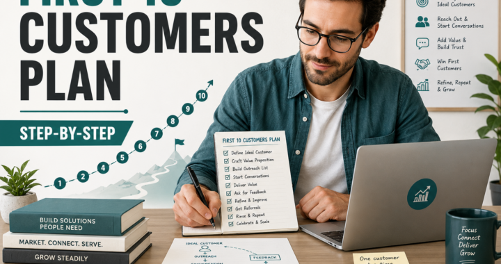 A new business owner planning a step-by-step strategy to get the first 10 customers with a clear offer, outreach list and customer acquisition roadmap.