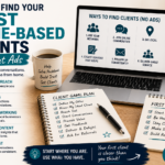 A home-based business workspace with a laptop, client game plan, outreach checklist and strategies for finding first clients without ads.