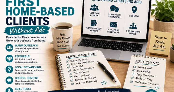 A home-based business workspace with a laptop, client game plan, outreach checklist and strategies for finding first clients without ads.