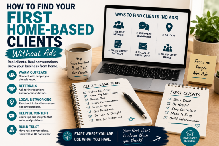 A home-based business workspace with a laptop, client game plan, outreach checklist and strategies for finding first clients without ads.