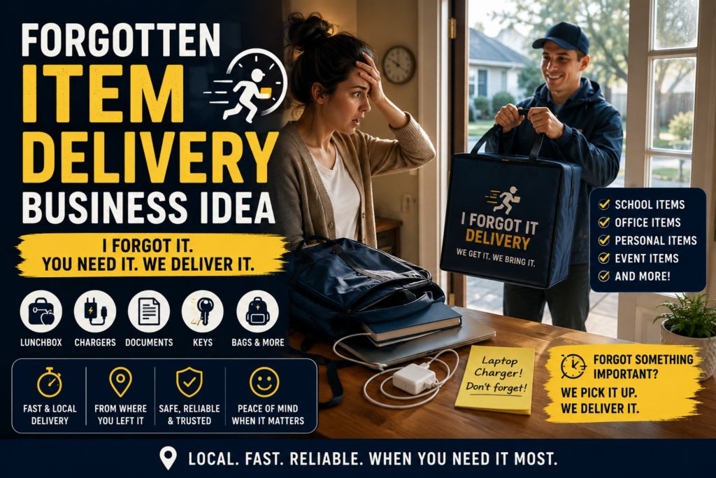 Person receiving a forgotten item delivery at the door with a lunchbox, charger, documents, keys, and bag on a table.