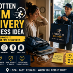 Person receiving a forgotten item delivery at the door with a lunchbox, charger, documents, keys, and bag on a table.
