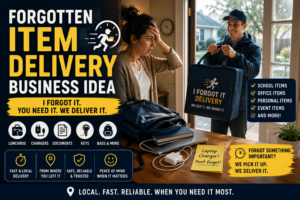 Person receiving a forgotten item delivery at the door with a lunchbox, charger, documents, keys, and bag on a table.