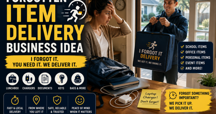 Person receiving a forgotten item delivery at the door with a lunchbox, charger, documents, keys, and bag on a table.