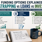 Business funding options explained with bootstrapping, loans and investors compared in a professional finance infographic