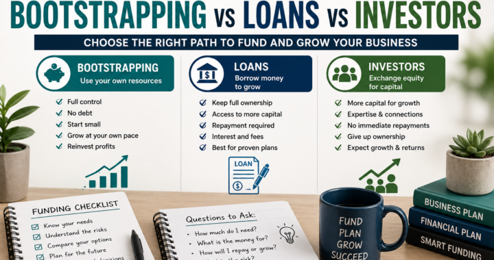 Business funding options explained with bootstrapping, loans and investors compared in a professional finance infographic