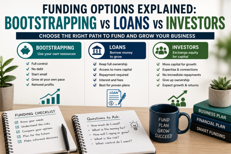 Business funding options explained with bootstrapping, loans and investors compared in a professional finance infographic