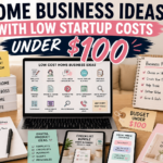 Home office desk with laptop, business plan notebook, budget tag under $100, low cost home business ideas, digital product mockups, Canva template, checklist bundle, and social media captions.