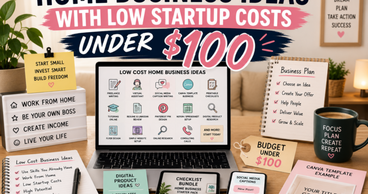 Home office desk with laptop, business plan notebook, budget tag under $100, low cost home business ideas, digital product mockups, Canva template, checklist bundle, and social media captions.