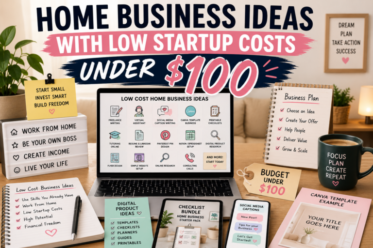 Home office desk with laptop, business plan notebook, budget tag under $100, low cost home business ideas, digital product mockups, Canva template, checklist bundle, and social media captions.