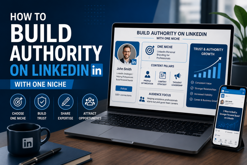 Laptop and smartphone showing LinkedIn authority building with one niche, content pillars, profile optimization, trust growth, and expert positioning.