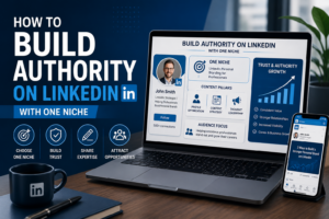 Laptop and smartphone showing LinkedIn authority building with one niche, content pillars, profile optimization, trust growth, and expert positioning.