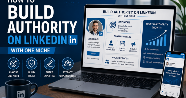 Laptop and smartphone showing LinkedIn authority building with one niche, content pillars, profile optimization, trust growth, and expert positioning.