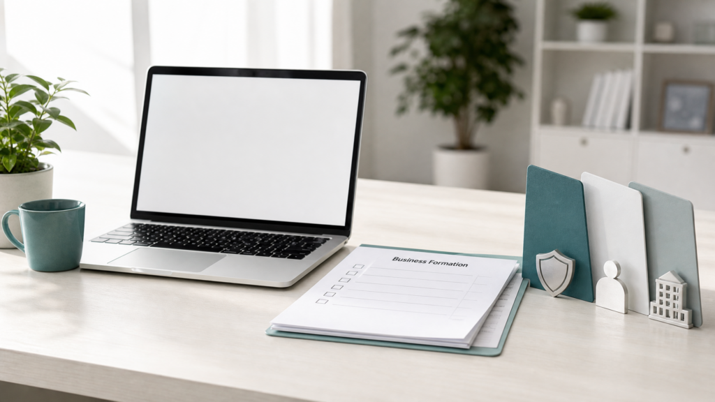 Choosing a business structure concept with laptop and business formation documents on a modern desk