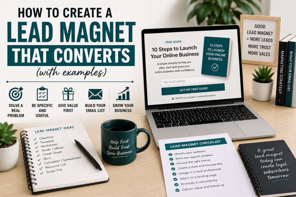 Lead magnet creation workspace with opt-in form, free guide mockup, checklist, email list strategy and marketing growth elements