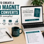 Lead magnet creation workspace with opt-in form, free guide mockup, checklist, email list strategy and marketing growth elements