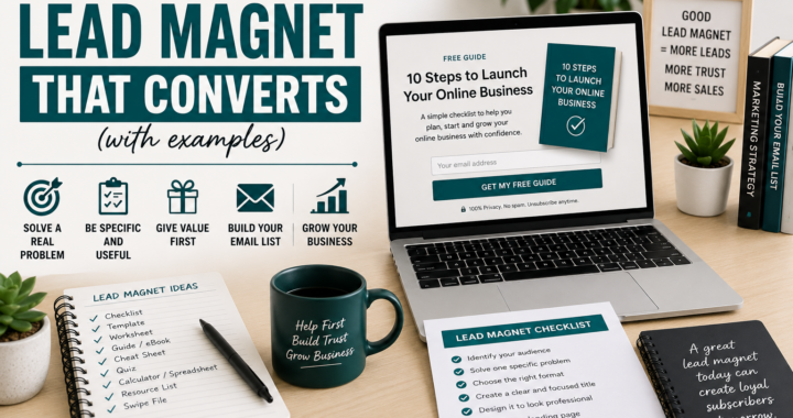 Lead magnet creation workspace with opt-in form, free guide mockup, checklist, email list strategy and marketing growth elements