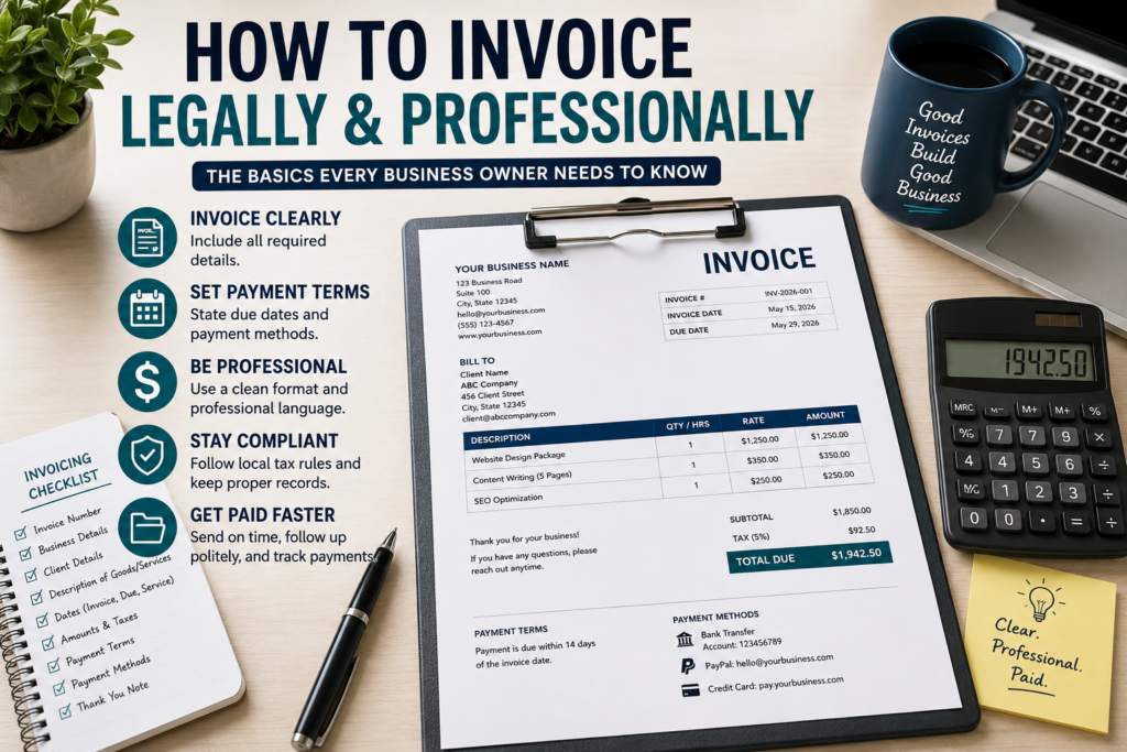 Professional invoice setup with invoice template, payment terms, calculator, checklist and business records on a clean office desk