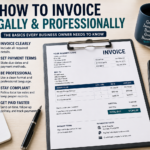 Professional invoice setup with invoice template, payment terms, calculator, checklist and business records on a clean office desk