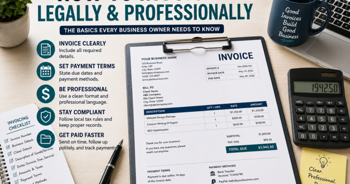 Professional invoice setup with invoice template, payment terms, calculator, checklist and business records on a clean office desk