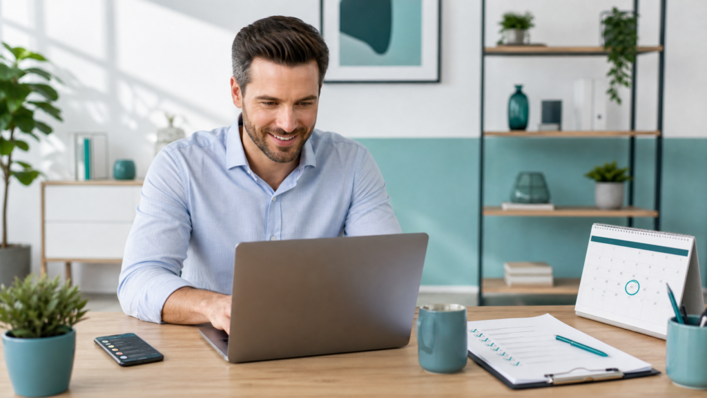 Entrepreneur preparing to launch a new business with a website, launch checklist, and organized workspace.
