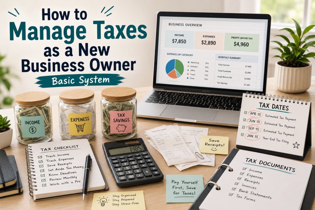 Organized tax desk for a new business owner with laptop dashboard, income jar, expense jar, tax savings jar, calculator, receipts, tax checklist, and tax dates calendar.