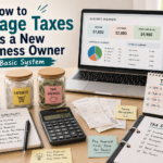 Organized tax desk for a new business owner with laptop dashboard, income jar, expense jar, tax savings jar, calculator, receipts, tax checklist, and tax dates calendar.