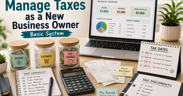 Organized tax desk for a new business owner with laptop dashboard, income jar, expense jar, tax savings jar, calculator, receipts, tax checklist, and tax dates calendar.
