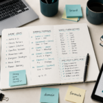 Business naming formulas notebook with name ideas, word combinations, domain notes and branding checklist